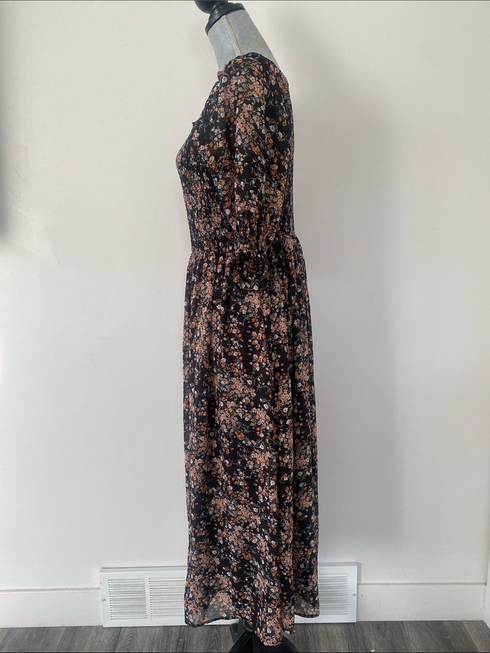Mikarose Black Babydoll Maxi Dress Peach Floral Print Sz M Smocking Sheer Sleeve - Picture 7 of 13